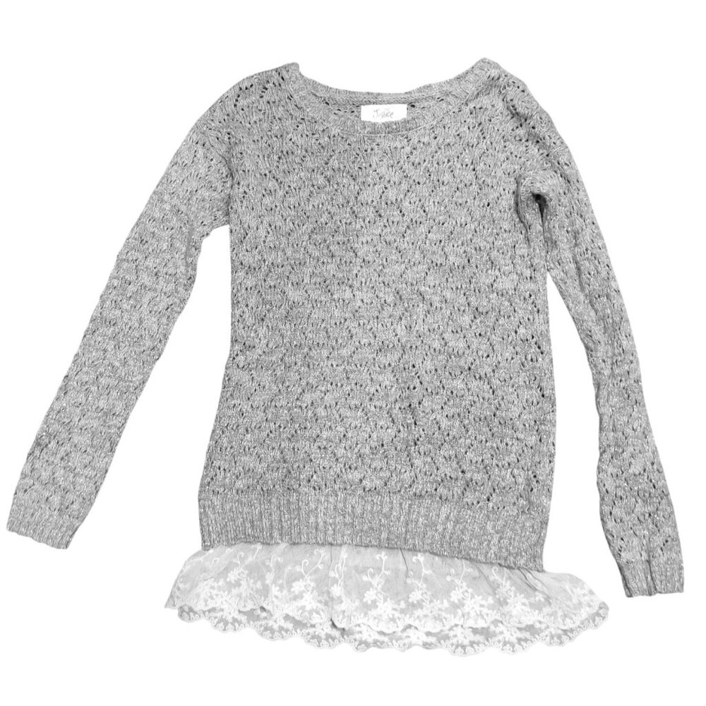 Justice 10 Girls Gray Knit Sweater Lace Hem Shimmer Open Stitch Long Sleeve Kids